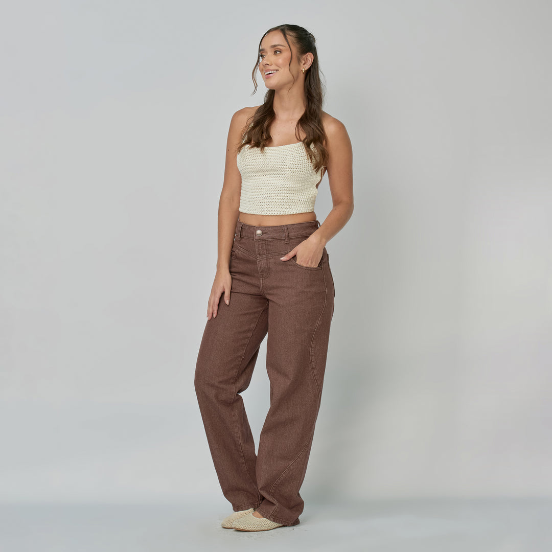Ref: 552904 Jean dama Straight tiro alto rígido, color Mocca