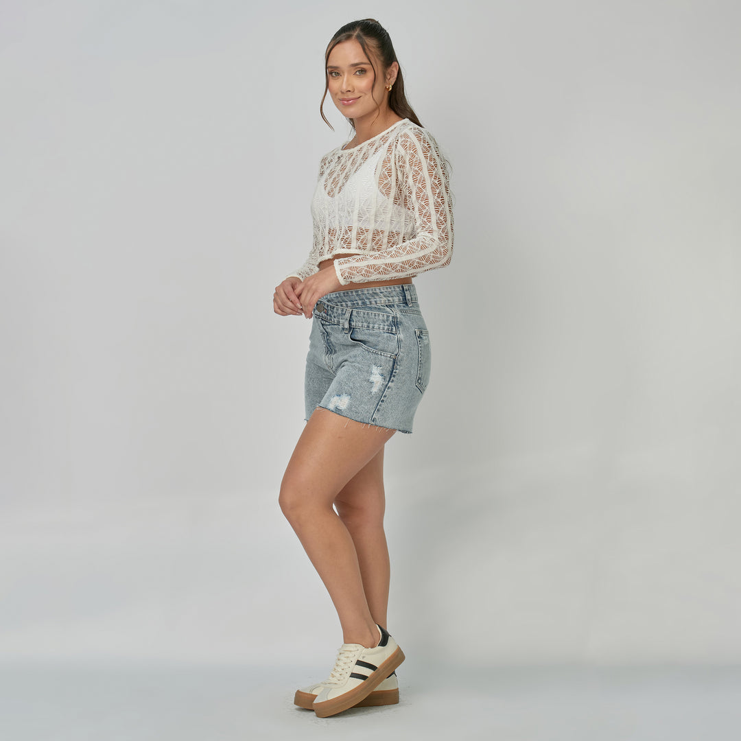REF: 556295 Short corto dama rígido con pretina asimétrica, color Azul claro