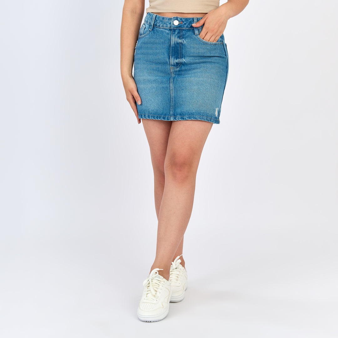 Ref: 558065 Falda corta en denim rígido, color azul medio 100% algodón