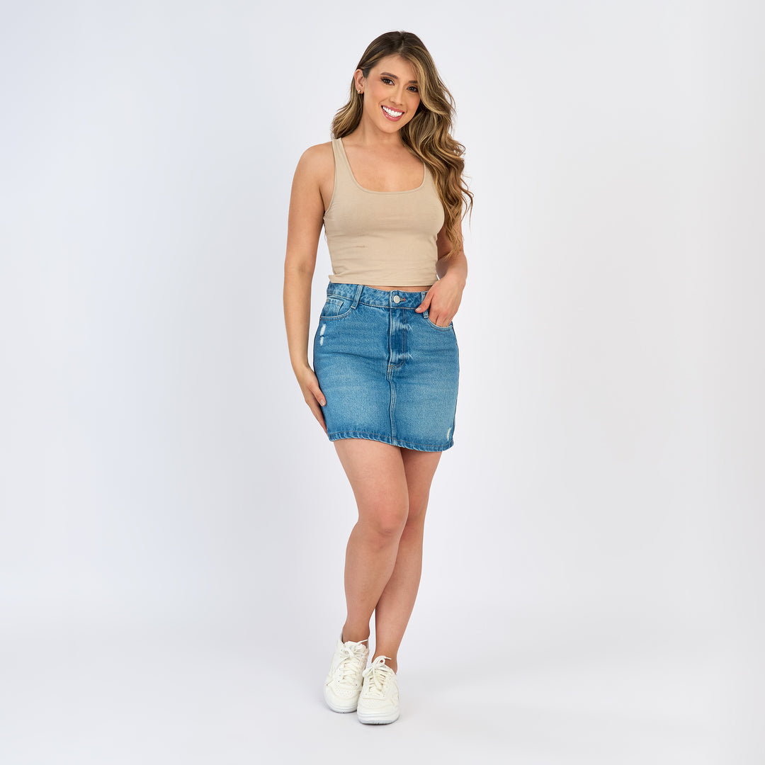 Ref: 558065 Falda corta en denim rígido, color azul medio 100% algodón