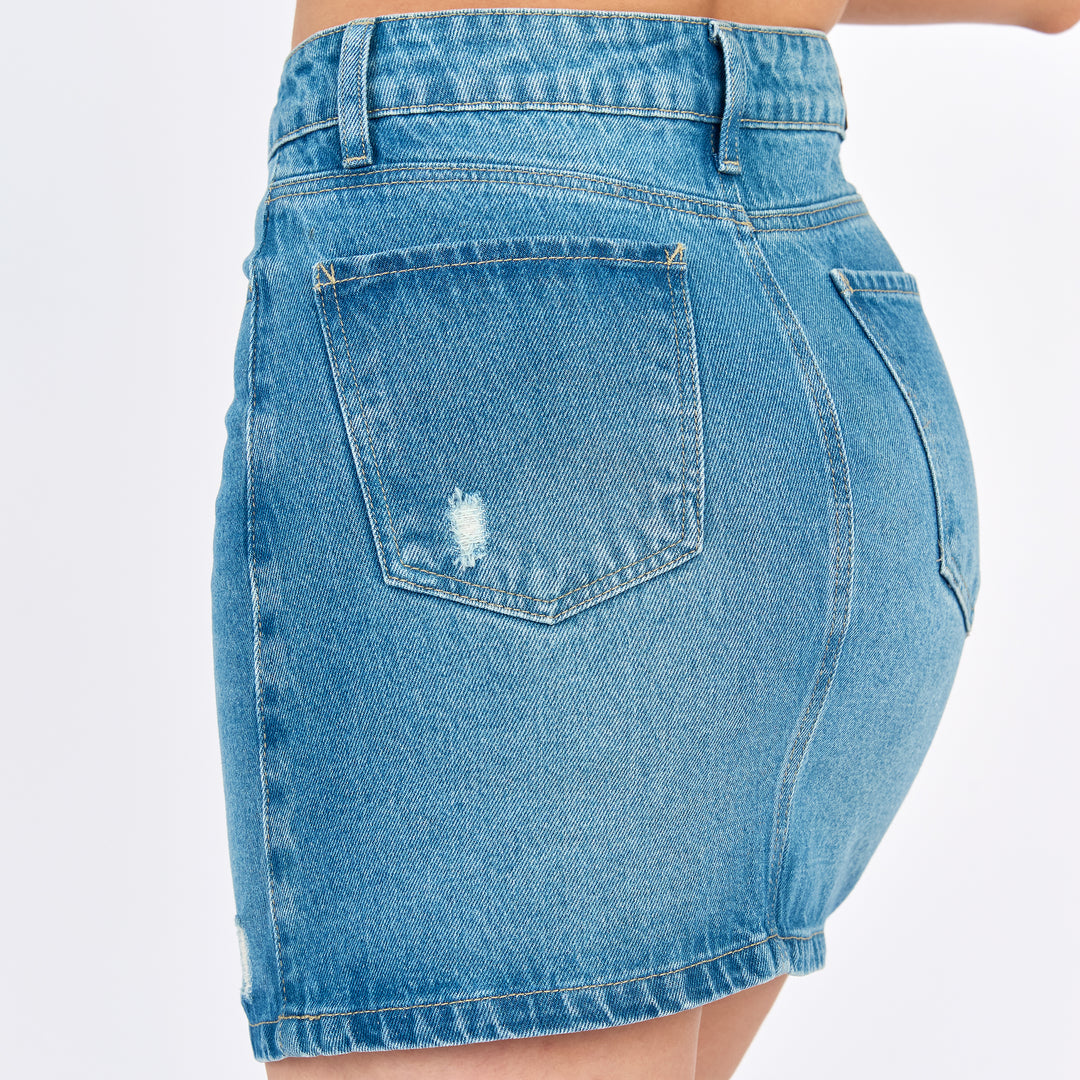 Ref: 558065 Falda corta en denim rígido, color azul medio 100% algodón