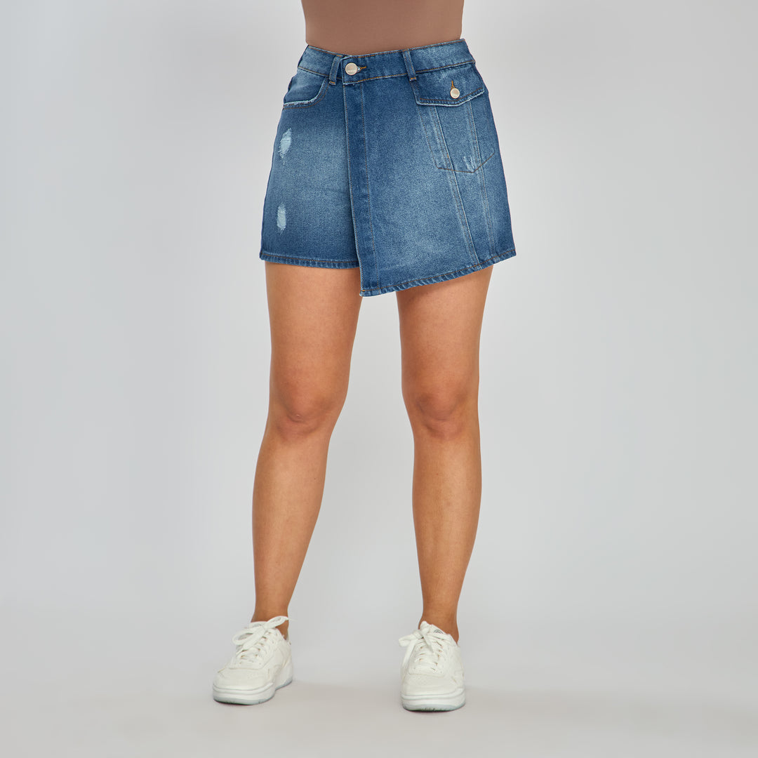 Ref: 556220 Falda short rígida cargo en denim, color azul oscuro