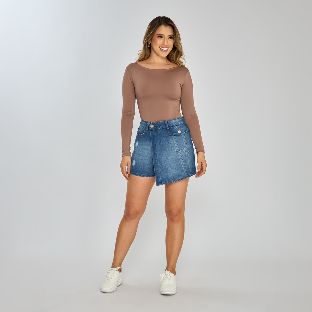 Ref: 556220 Falda short rígida cargo en denim, color azul oscuro