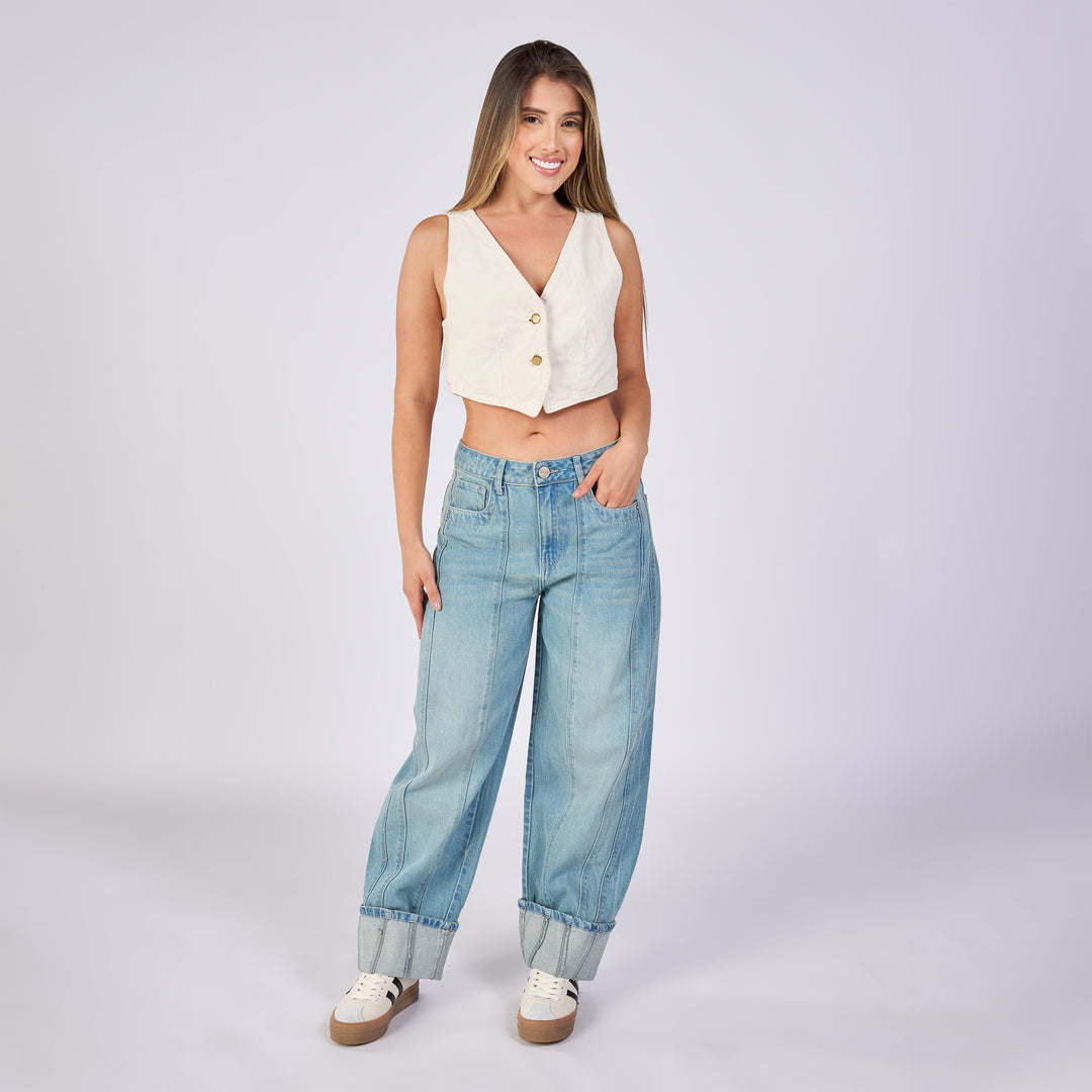 Ref: 552692 Jean barrel rígido tiro medio 100% algodón, color azul dirty