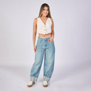 Ref: 552692 Jean barrel rígido tiro medio 100% algodón, color azul dirty