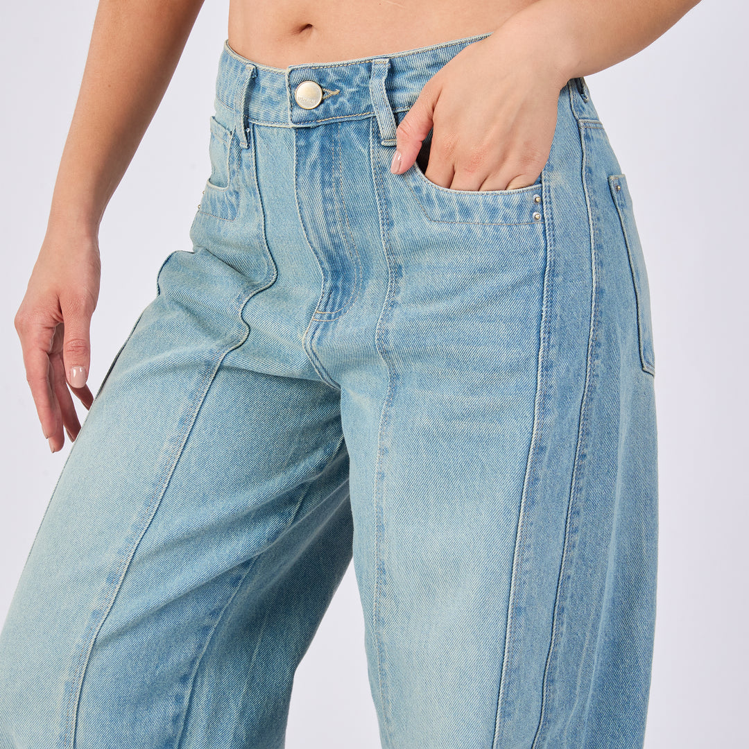 Ref: 552692 Jean barrel rígido tiro medio 100% algodón, color azul dirty