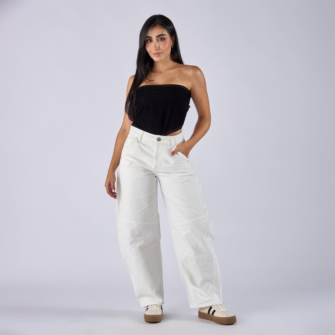 Ref: 552736 Jean barrel rígido tiro medio en denim, color ivory