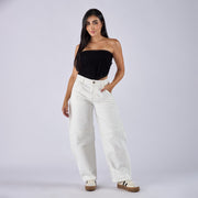 Ref: 552736 Jean barrel rígido tiro medio en denim, color ivory