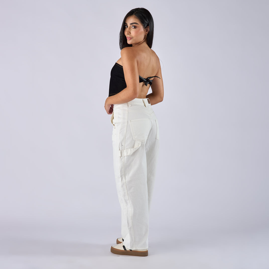 Ref: 552736 Jean barrel rígido tiro medio en denim, color ivory