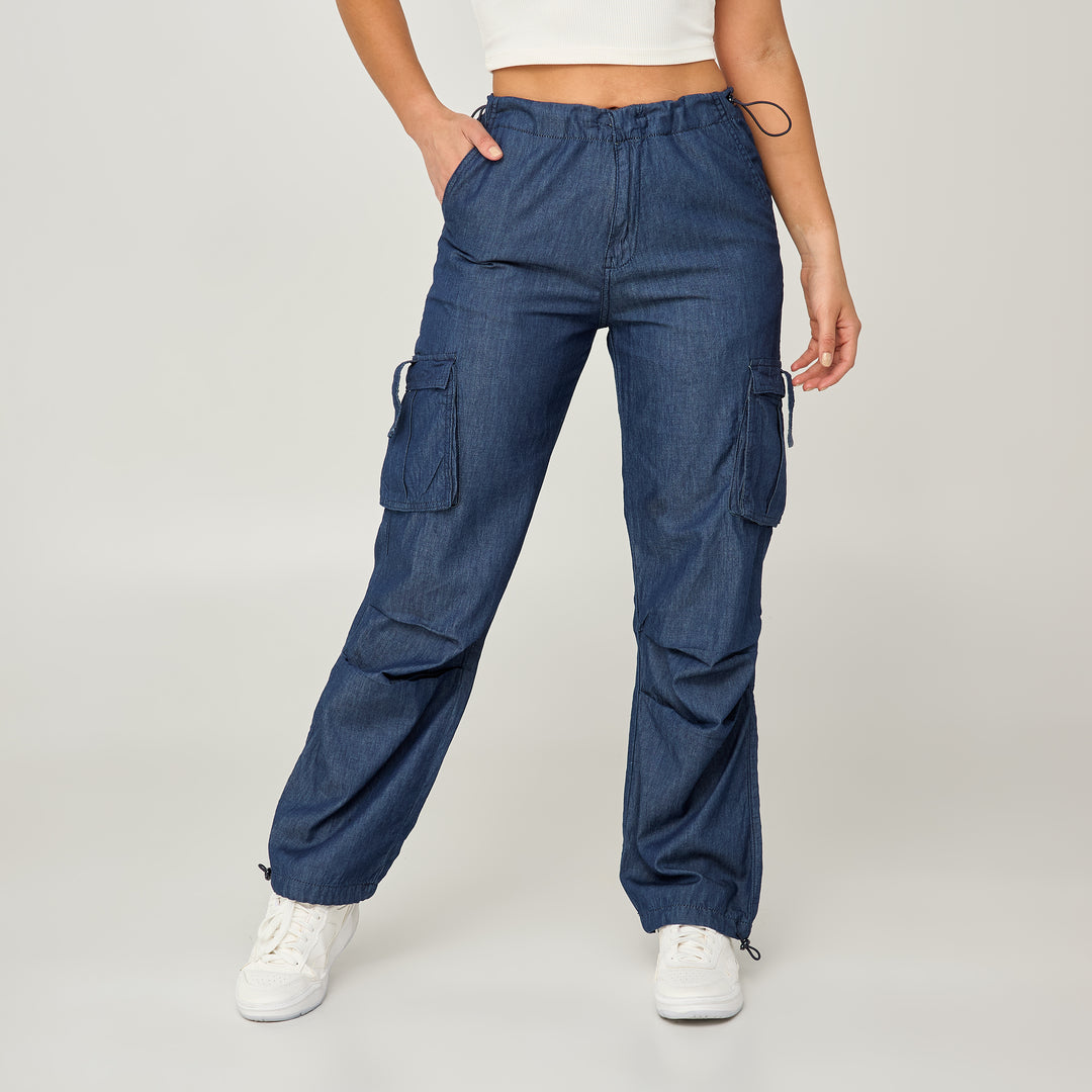 REF: 552554 Jean cargo tiro alto bota recta en denim rígido liviano, color azul oscuro