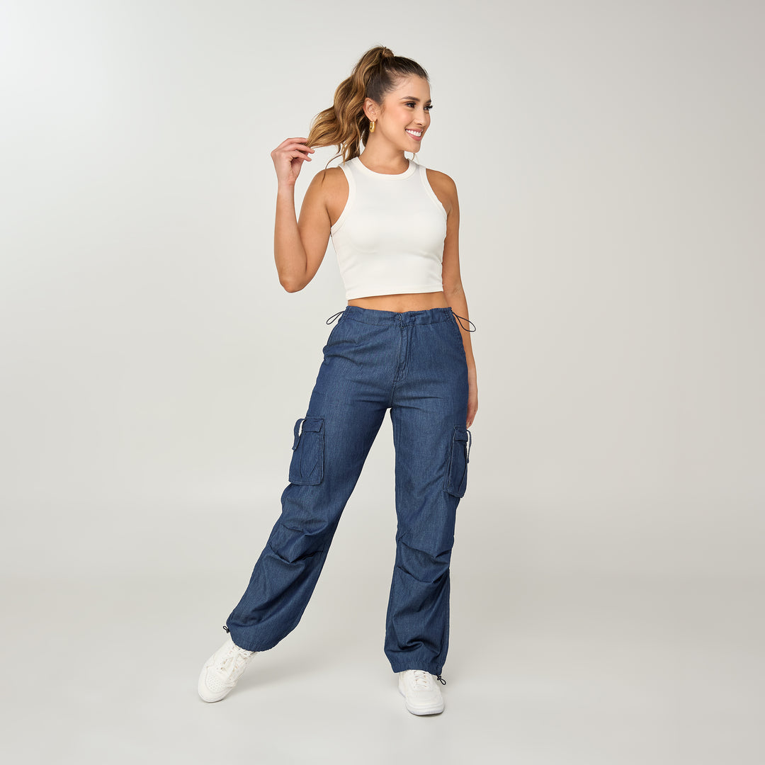 REF: 552554 Jean cargo tiro alto bota recta en denim rígido liviano, color azul oscuro