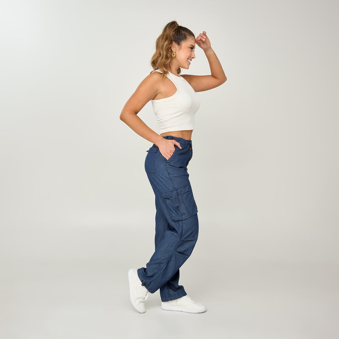 REF: 552554 Jean cargo tiro alto bota recta en denim rígido liviano, color azul oscuro