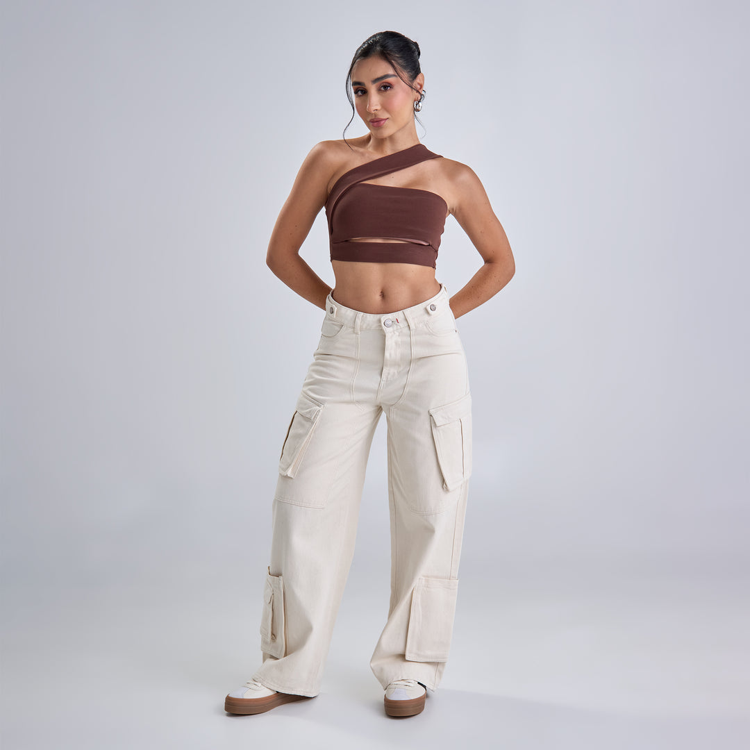 Ref: 552586 Jean colombiano cargo wide leg tiro alto en denim rígido, color Ivory
