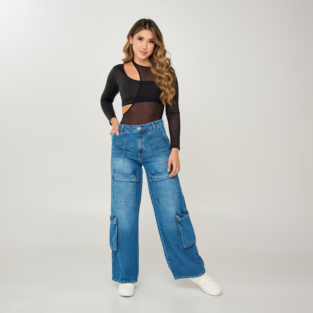 REF: 552546 Jean cargo wide leg tiro alto en denim rígido, color azul medio