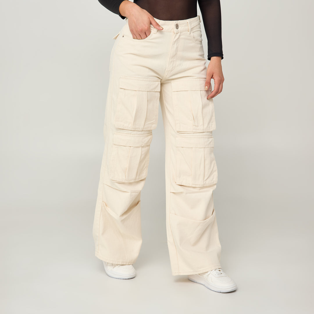 REF: 552550 Jean cargo wide leg tiro alto en denim rígido, color ivory