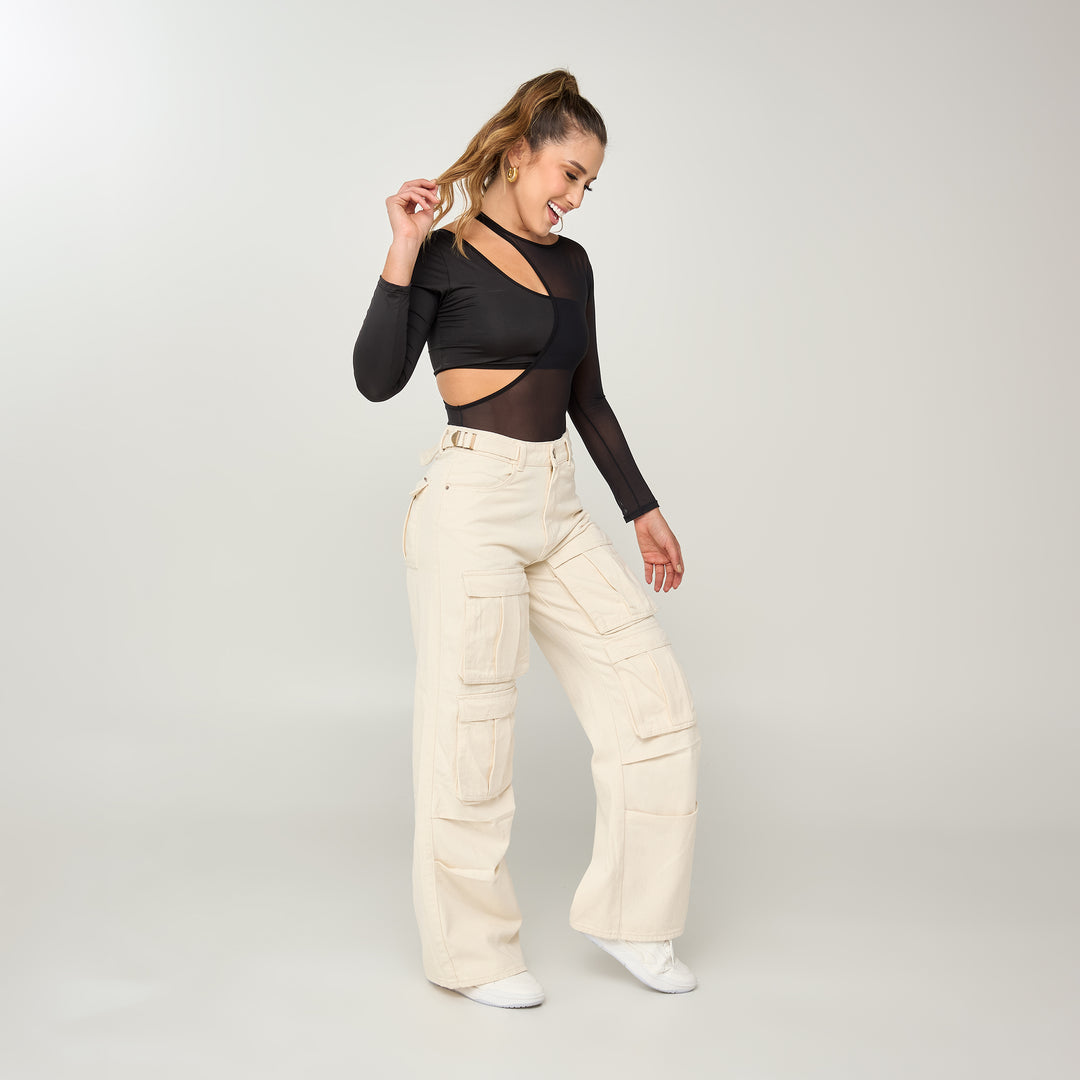 REF: 552550 Jean cargo wide leg tiro alto en denim rígido, color ivory