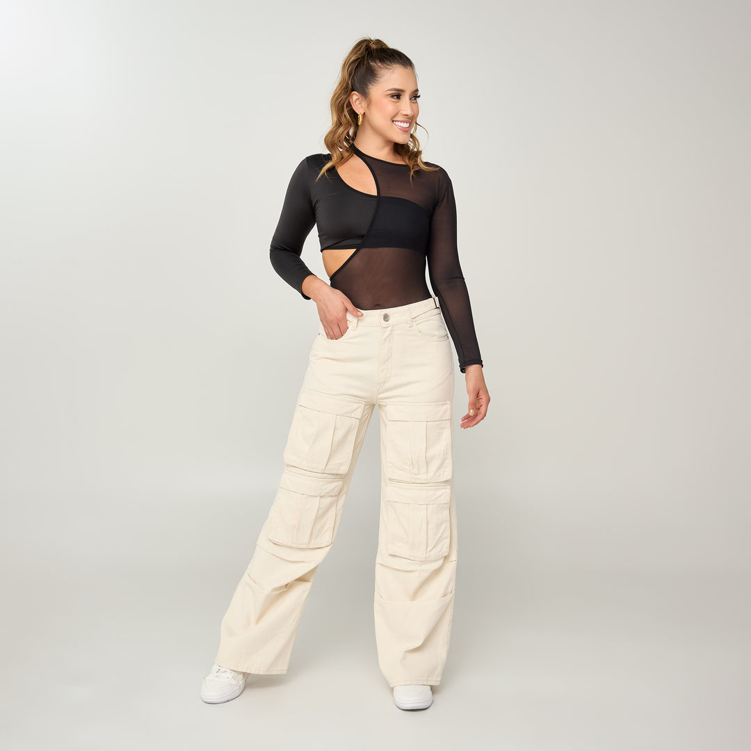 REF: 552550 Jean cargo wide leg tiro alto en denim rígido, color ivory
