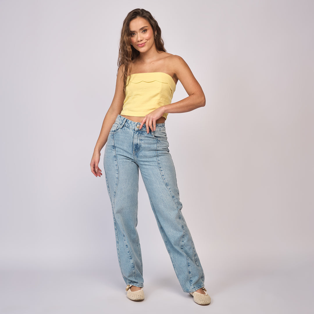 REF: 552829 Jean straight tiro alto rígido, color Azul claro