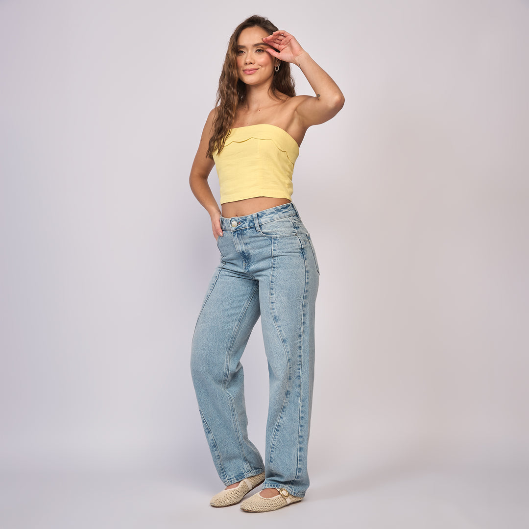 REF: 552829 Jean straight tiro alto rígido, color Azul claro