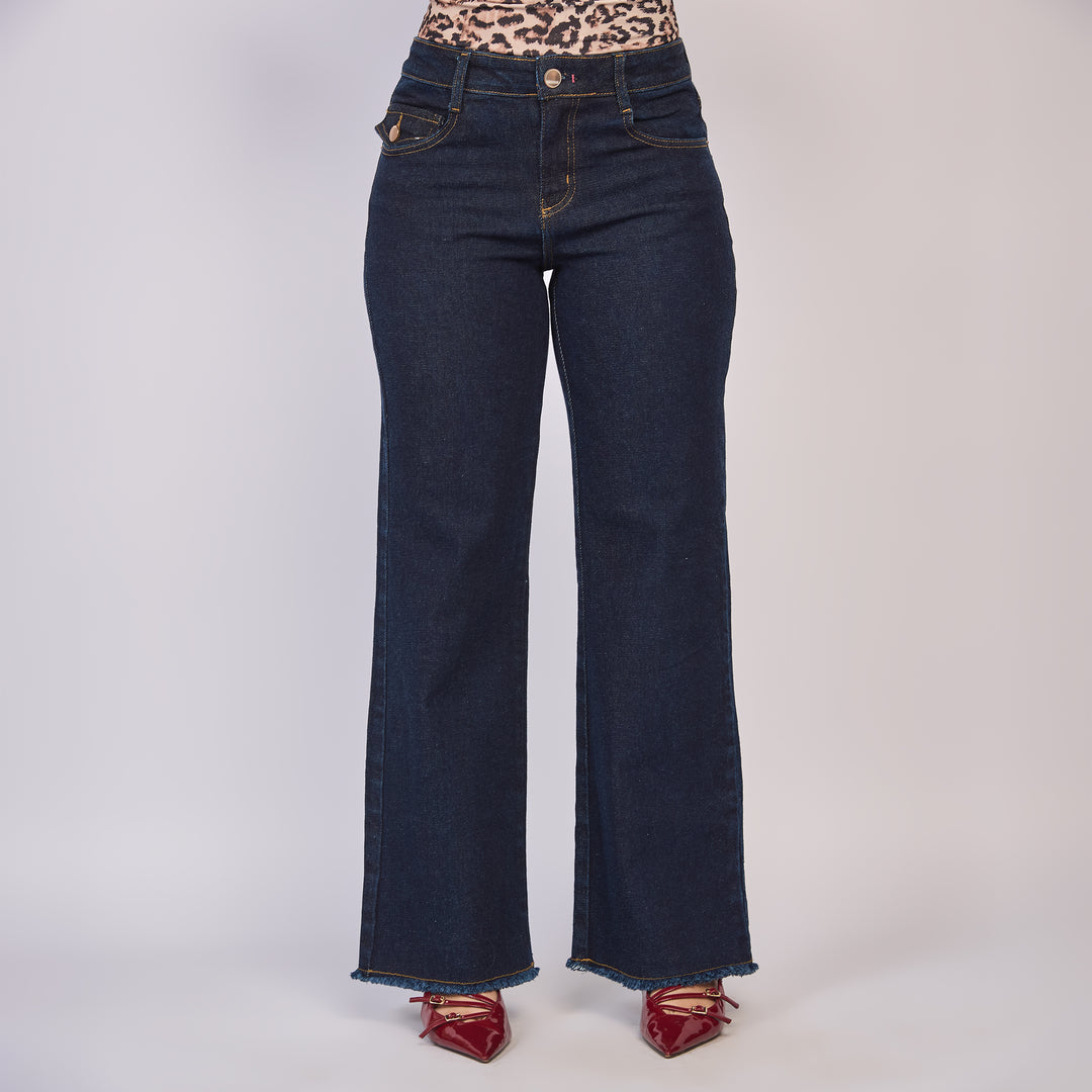 Ref: 552809 Jean  dama wide leg tiro alto licrado, color Azul oscuro