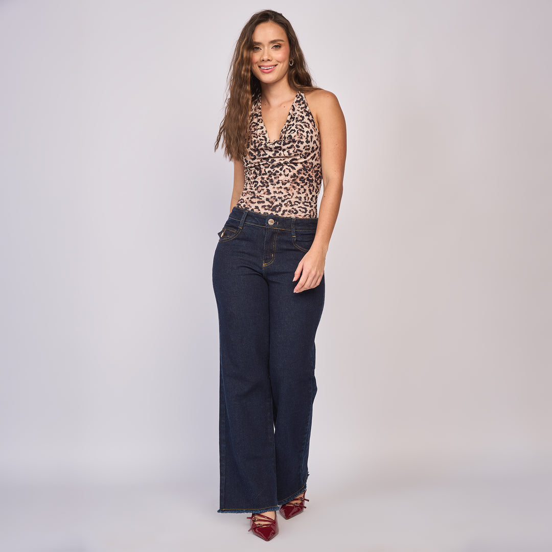 Ref: 552809 Jean  dama wide leg tiro alto licrado, color Azul oscuro