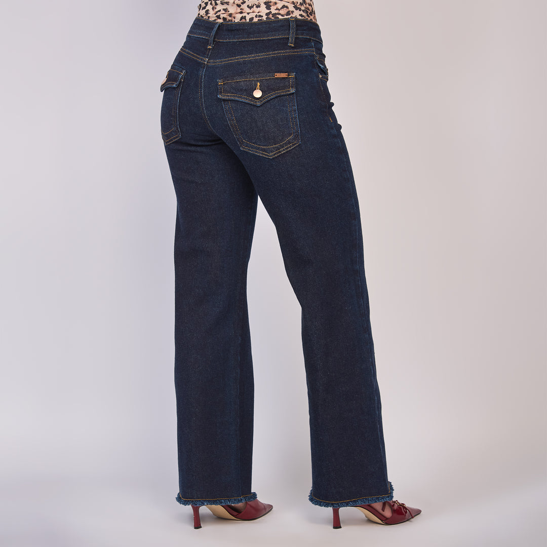 Ref: 552809 Jean  dama wide leg tiro alto licrado, color Azul oscuro