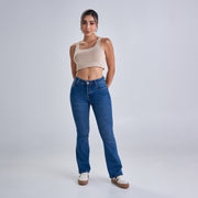 Ref: 552635 Jean colombiano flare boot tiro medio en denim stretch color azul medio