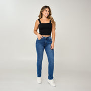 REF: 552573 Jean licrado straight boot tiro medio en denim stretch, color azul oscuro