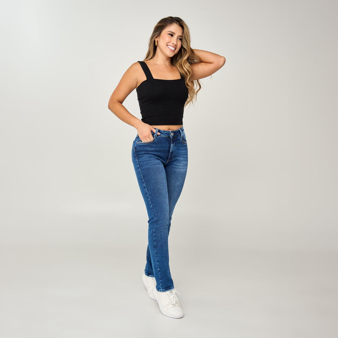 REF: 552573 Jean licrado straight boot tiro medio en denim stretch, color azul oscuro