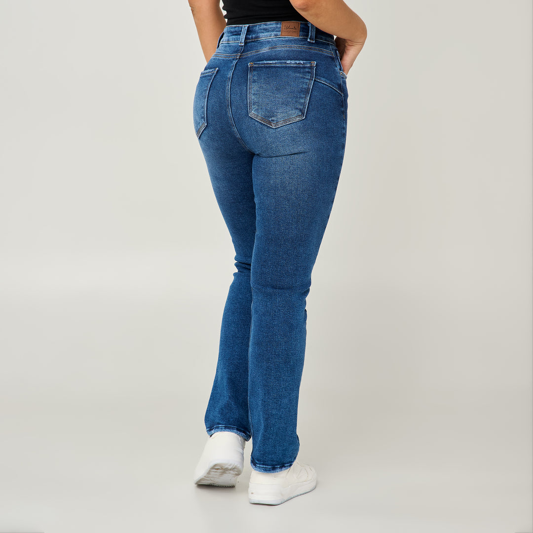 REF: 552573 Jean licrado straight boot tiro medio en denim stretch, color azul oscuro