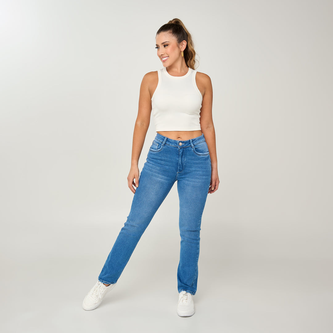 REF: 552574 Jean licrado straight boot tiro medio en denim stretch, color azul oscuro