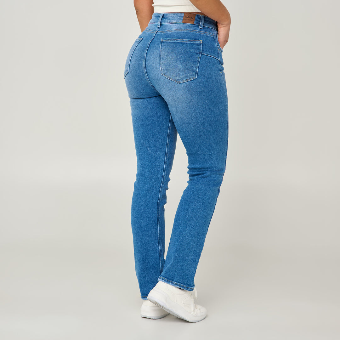 REF: 552574 Jean licrado straight boot tiro medio en denim stretch, color azul oscuro