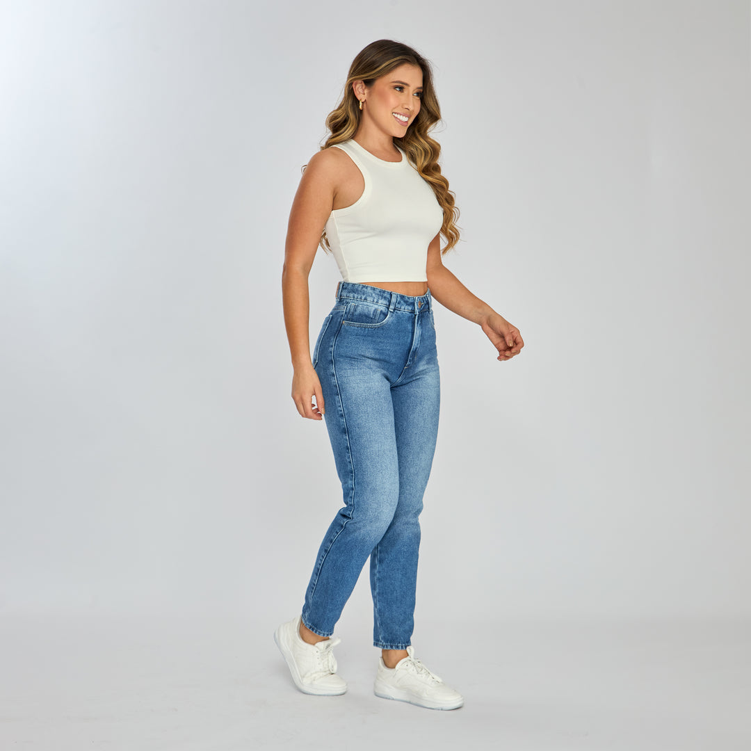 Ref: 552593 Jean mom fit tiro alto en denim rígido, color azul oscuro