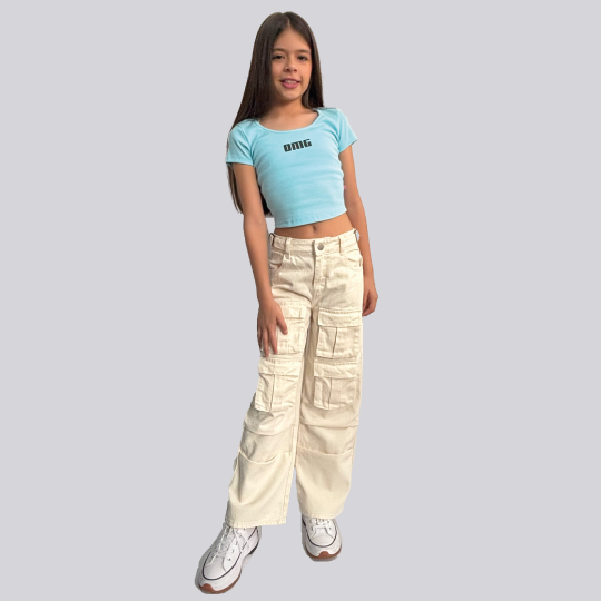 Ref: 350095 Jean niña cargo wide leg tiro medio en denim rígido color crudo