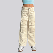 Ref: 350095 Jean niña cargo wide leg tiro medio en denim rígido color crudo
