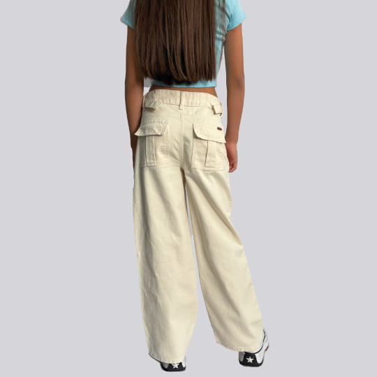 Ref: 350095 Jean niña cargo wide leg tiro medio en denim rígido color crudo