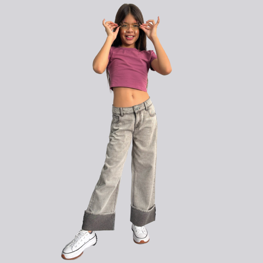 Ref: 350102 Jean niña wide leg en denim rígido gris claro