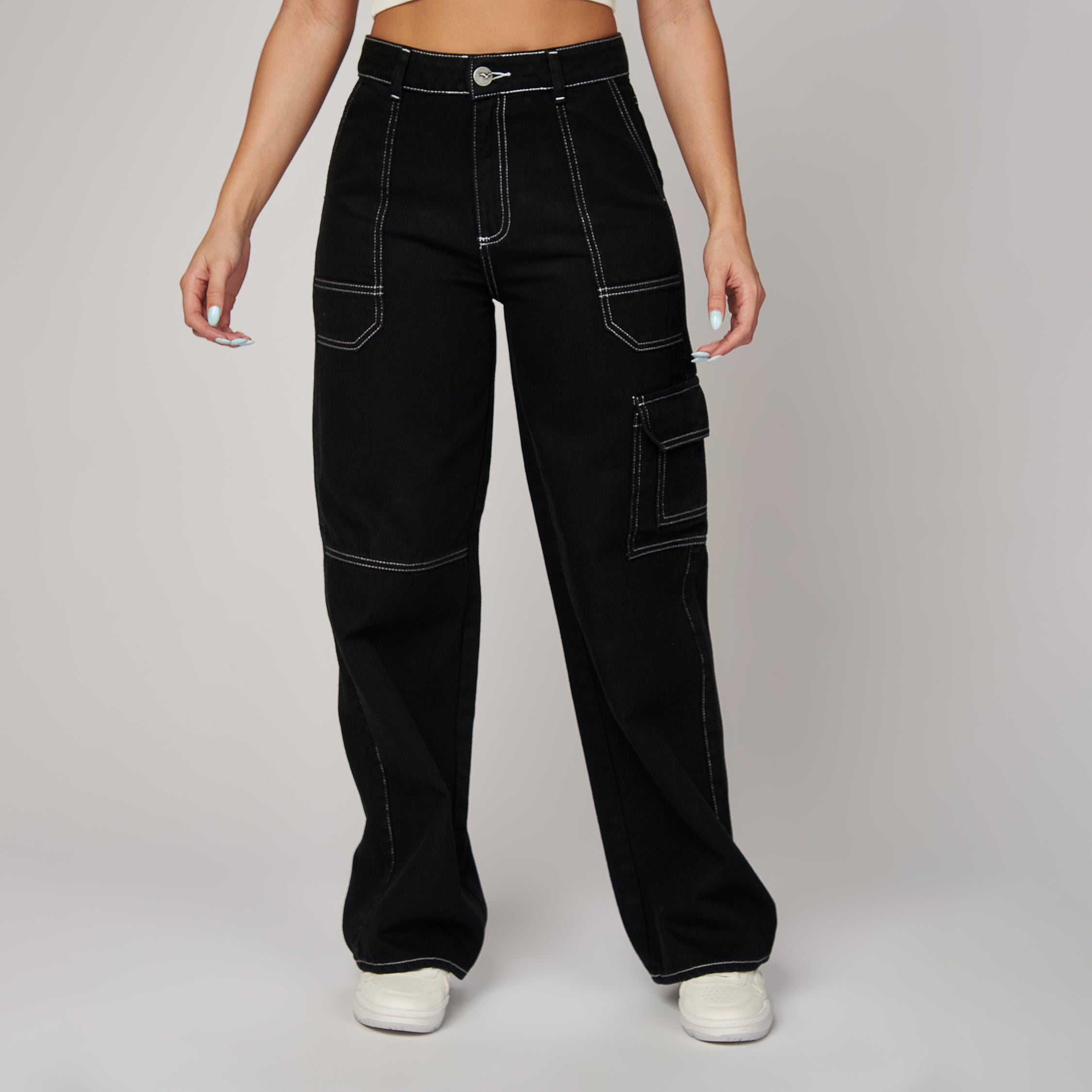 Ref: 552464 Jean rígido cargo wide leg tiro alto en índigo negro