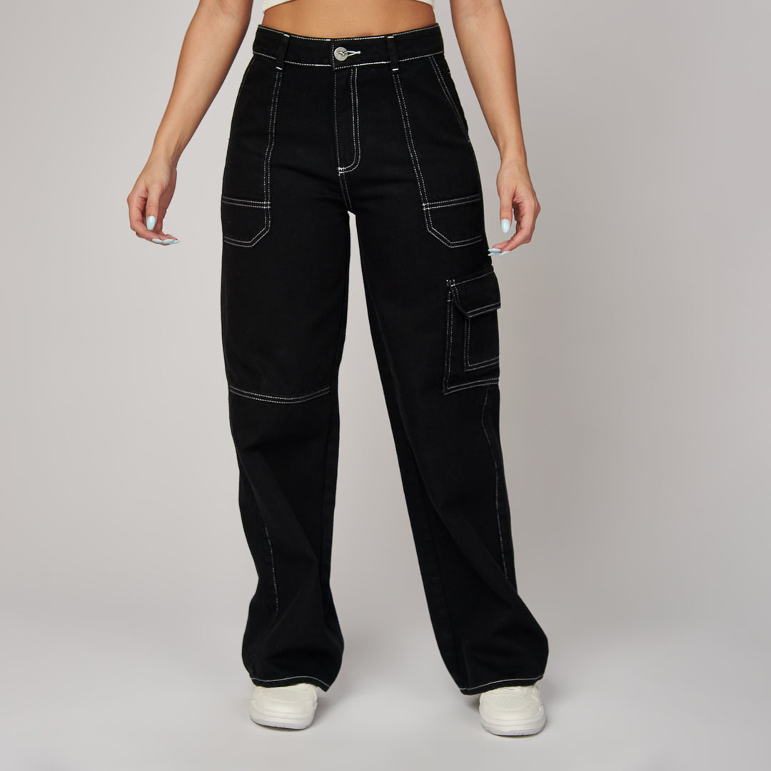 Ref: 552464 Jean rígido cargo wide leg tiro alto en índigo negro