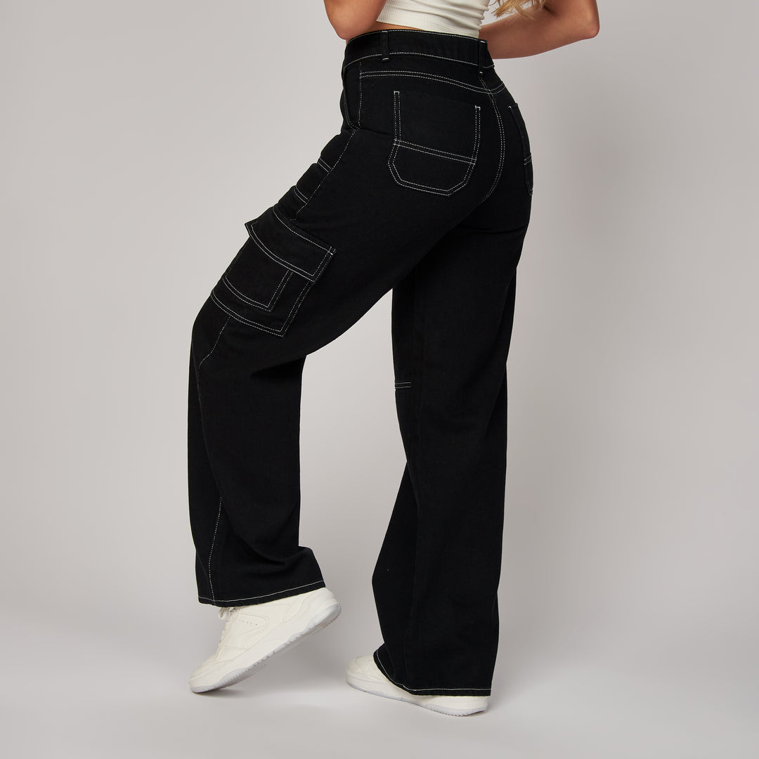 Ref: 552464 Jean rígido cargo wide leg tiro alto en índigo negro