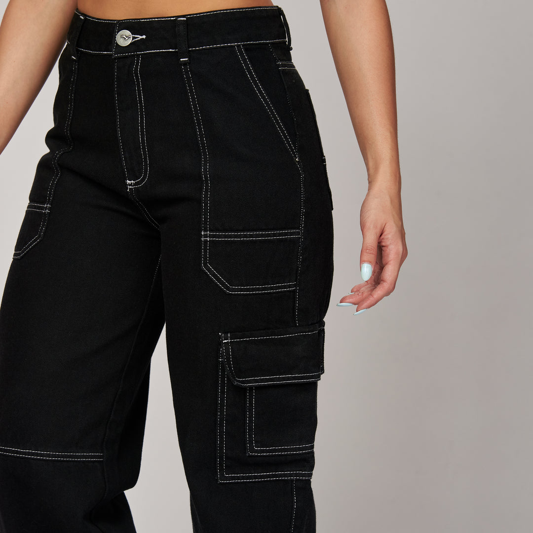 Ref: 552464 Jean rígido cargo wide leg tiro alto en índigo negro