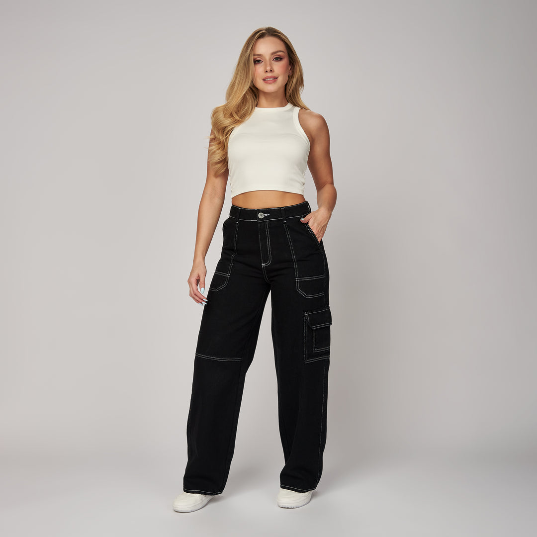 Ref: 552464 Jean rígido cargo wide leg tiro alto en índigo negro