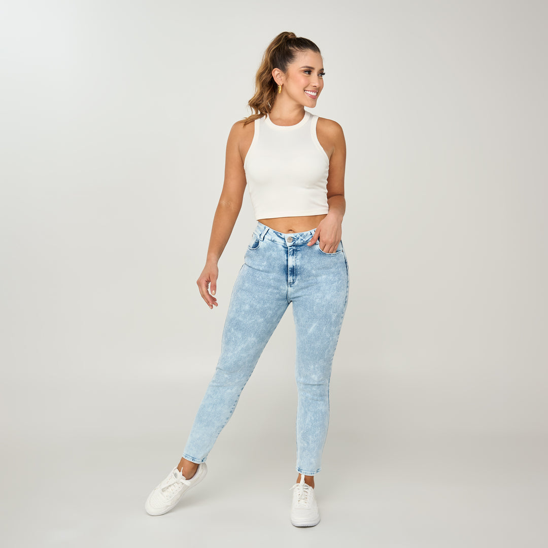 REF: 552506 Jean skinny tiro alto en denim stretch, color azul claro