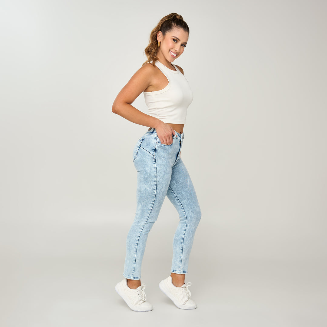 REF: 552506 Jean skinny tiro alto en denim stretch, color azul claro
