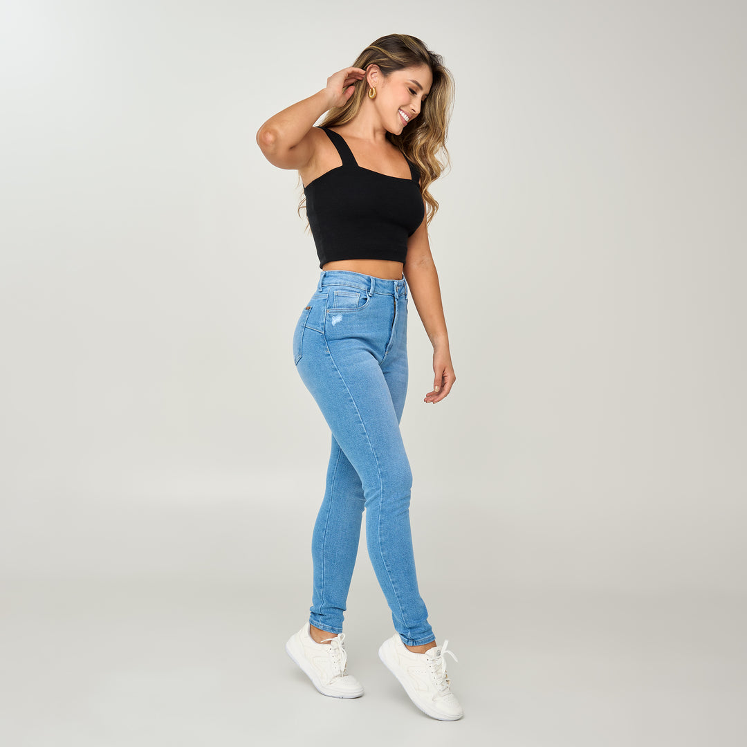 REF: 552572 Jean skinny tiro alto en denim stretch, color azul claro