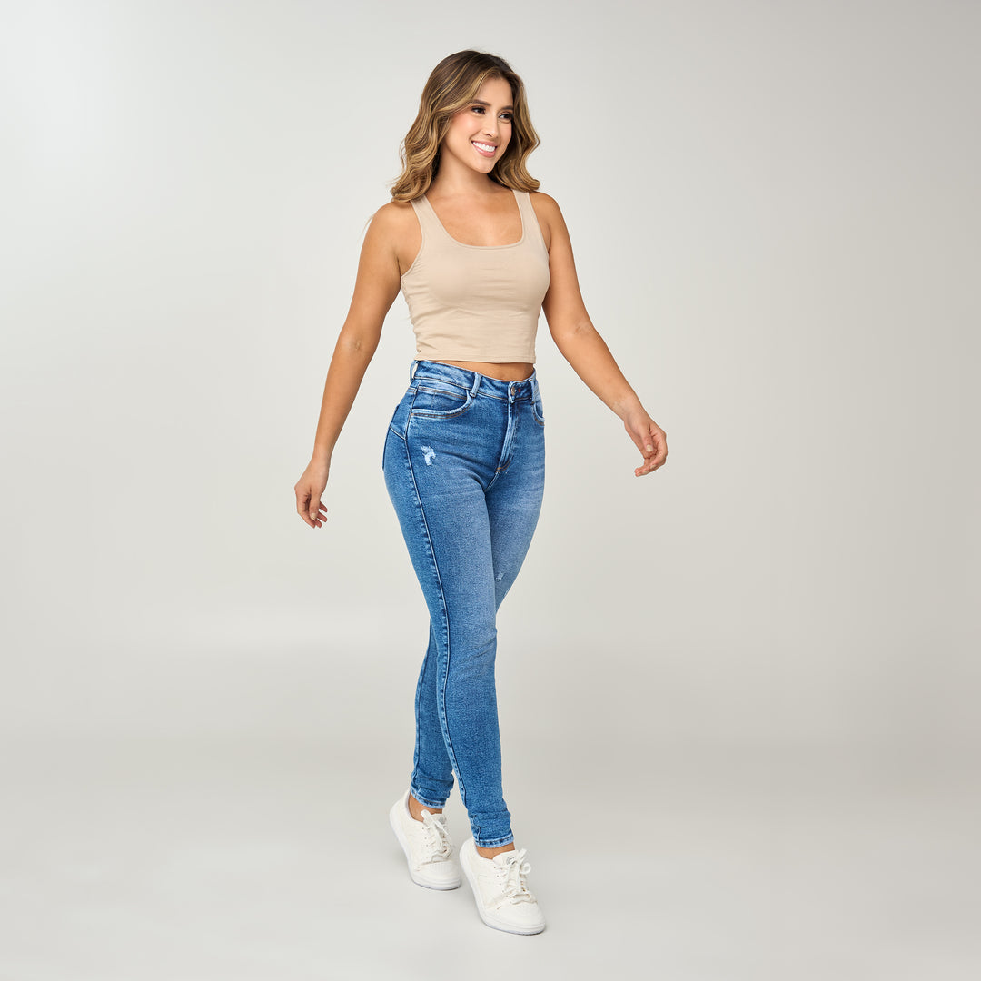 REF: 552571 Jean skinny tiro alto en denim stretch, color azul medio