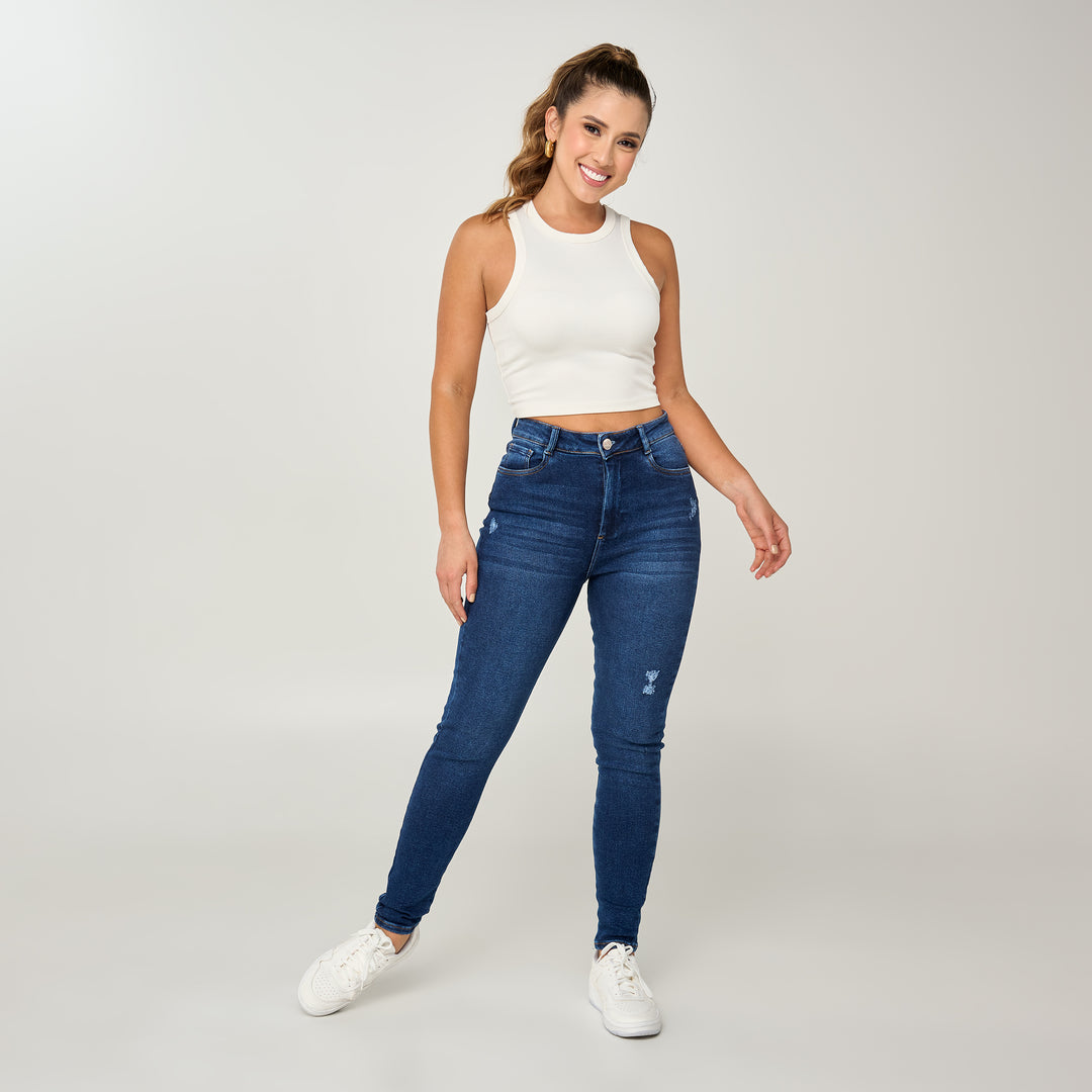 REF: 552570 Jean skinny tiro alto en denim stretch, color azul oscuro