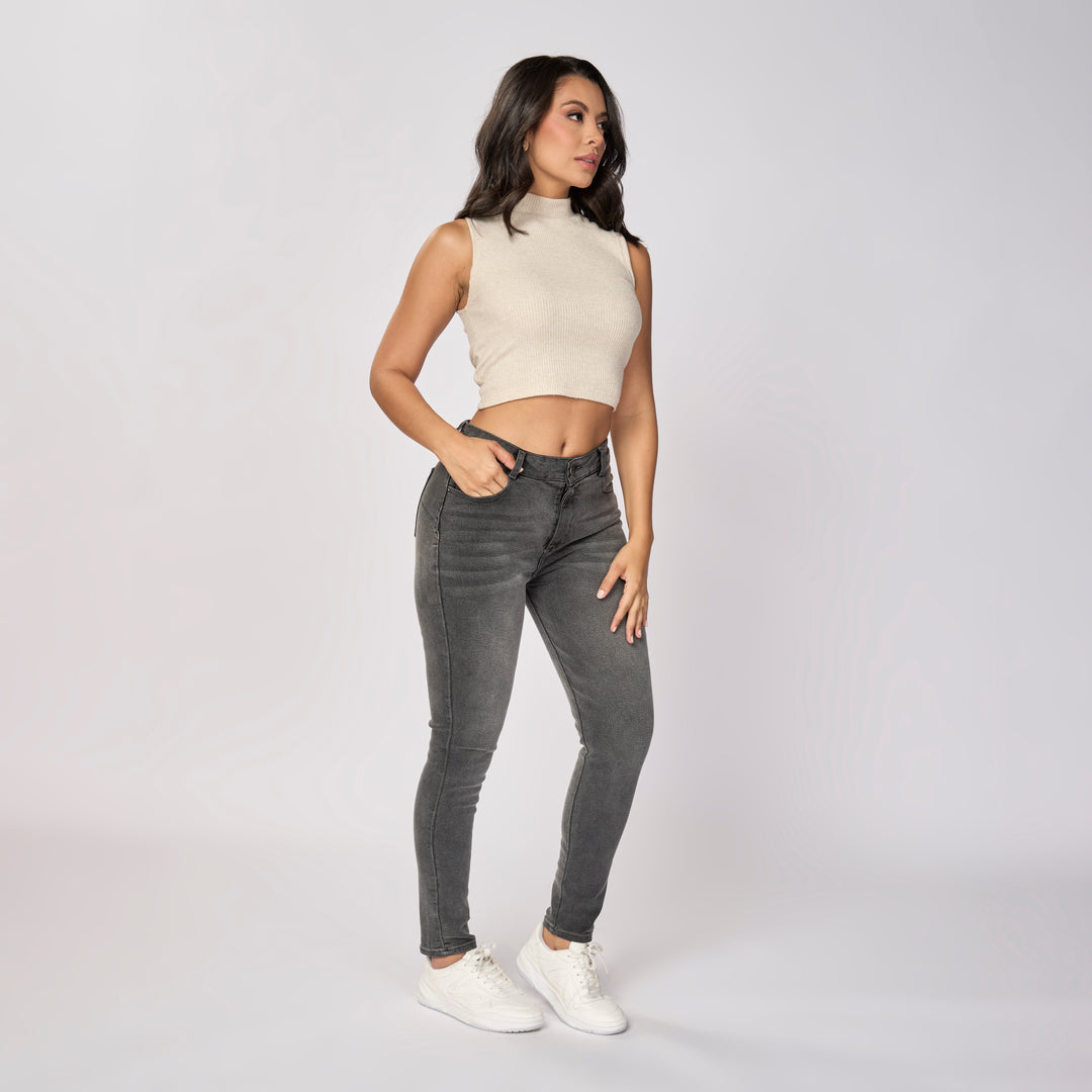 Ref: 552503 Jean skinny tiro alto en denim stretch gris claro
