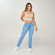 REF: 552575 Jean straight boot tiro medio en denim stretch, color zul claro