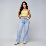 REF: 552779 Jean straight tiro alto en denim rígido 100% algodón color, azul claro